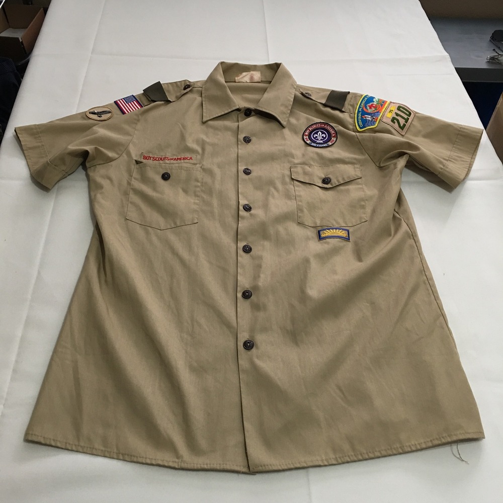 Boy Scouts of America Mens Short Sleeve Shirt Large Uniform Tan Patched USA